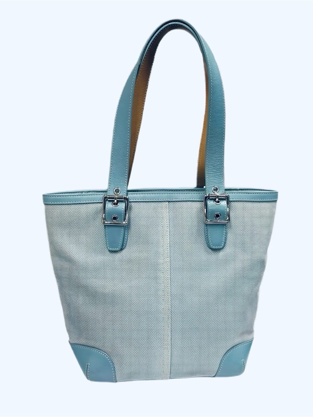 Vintage Coach 2004 Robin’s Egg Blue Leather & Canvas Tote Bag L043-1841